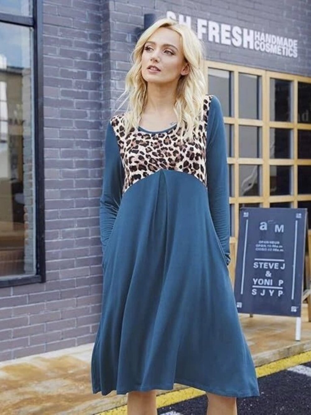 Dress for Women Long Sleeve Leopard Print Splicing Pleated Casual SwingDress-2XL